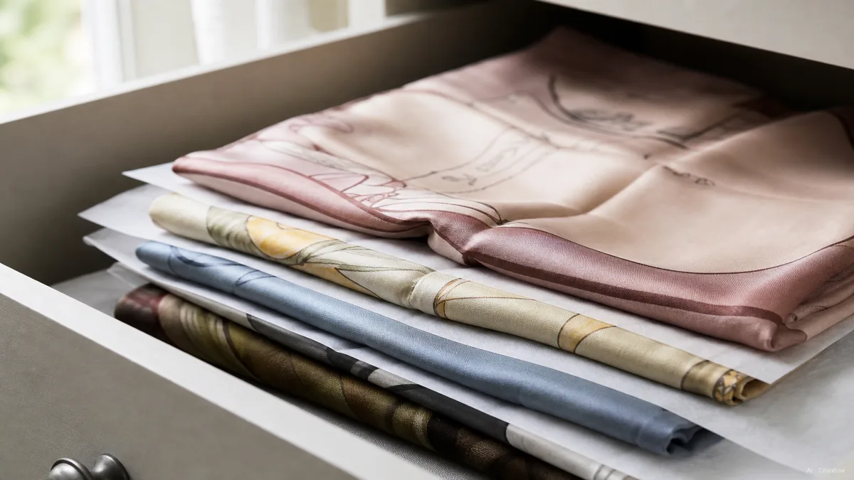 Image: several silk scarves folded flat with sheets of tissue paper between the layers, stacked neatly in a drawer, soft daylight (AI generated illustration)