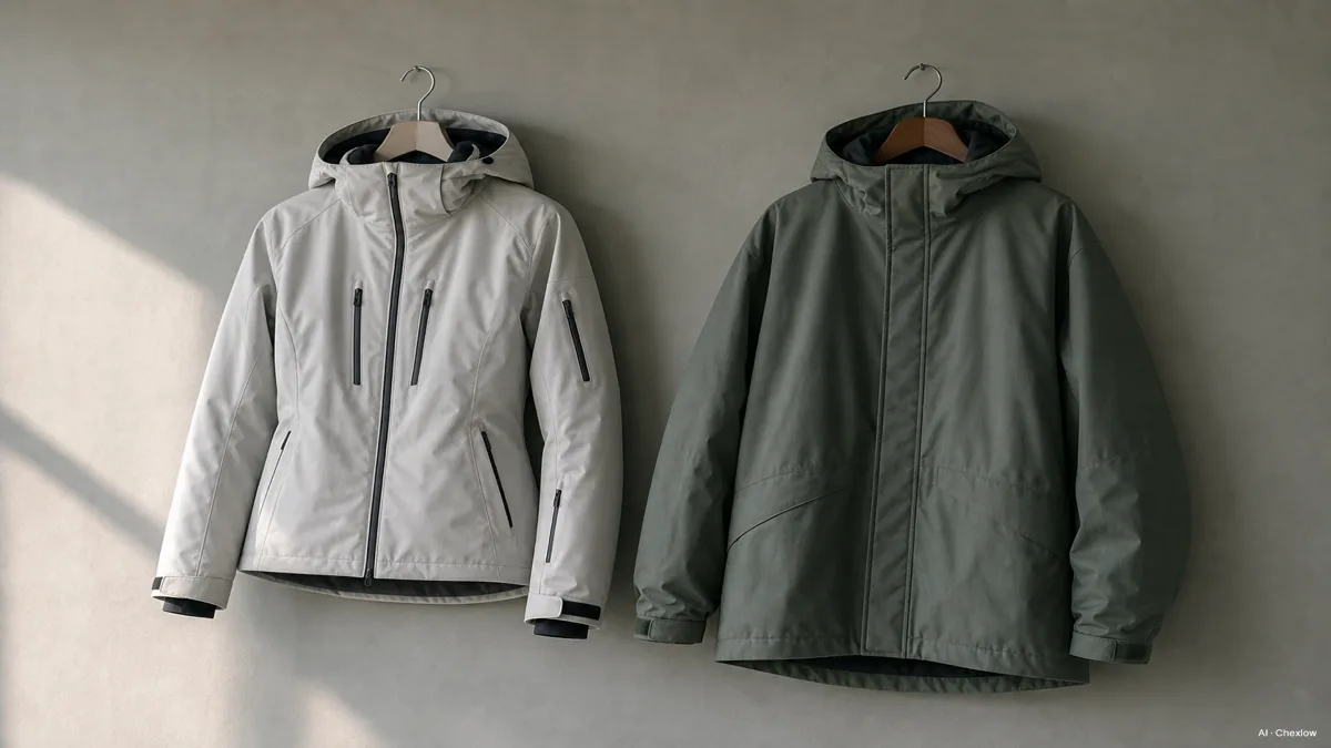 Image: A skier's fitted jacket and a snowboarder's baggier jacket displayed side by side on hangers against a plain wall, showing the silhouette difference