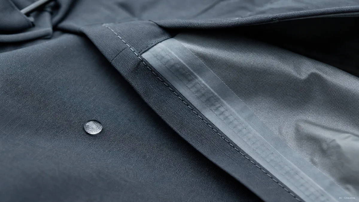 Image: Close-up of a jacket seam showing waterproof tape sealing the stitching from the inside, with a rain droplet beading on the outer fabric