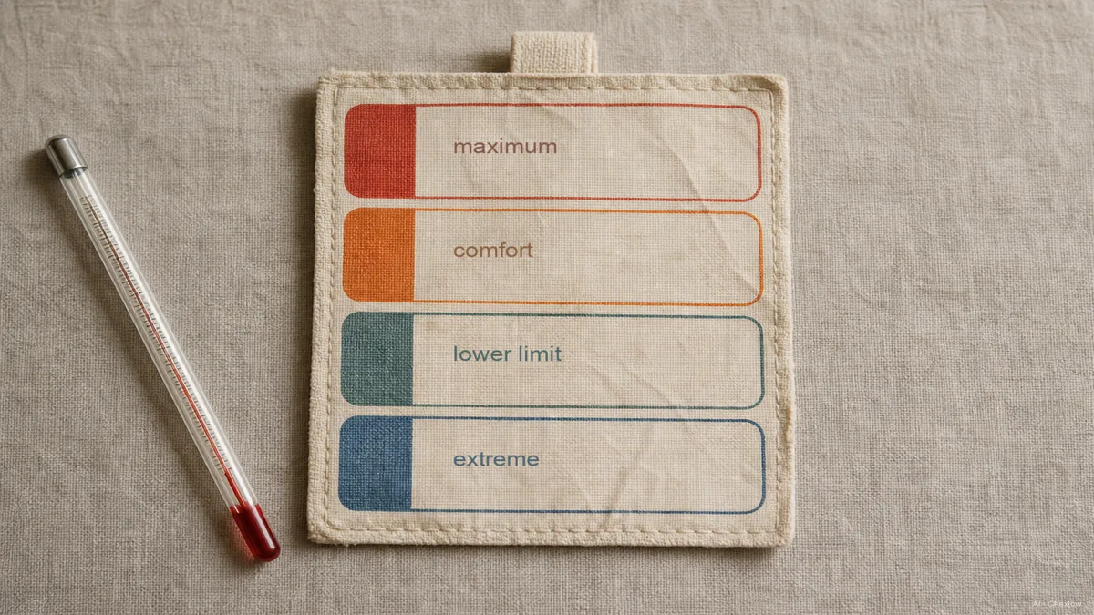Image: Diagram-style flat lay of a sleeping bag tag showing four temperature values labeled maximum, comfort, lower limit, and extreme, with a thermometer alongside, neutral background, natural light