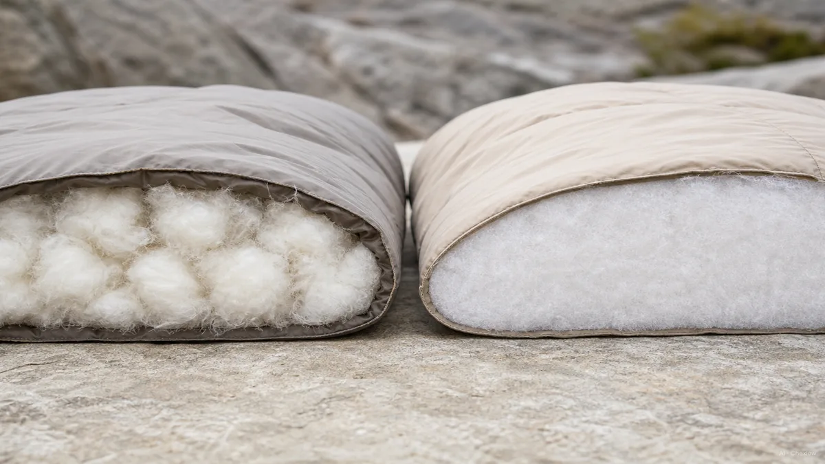 Image: Side-by-side cross-section of two sleeping bags, one showing lofted down clusters and one showing synthetic fiber fill, laid flat on a neutral surface, no brand marks, natural light