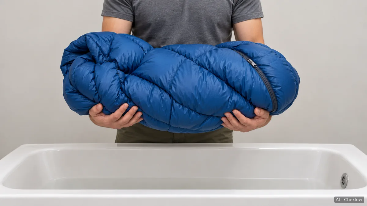 Two hands support an entire loosely gathered sleeping bag from underneath, just above an empty bathtub.