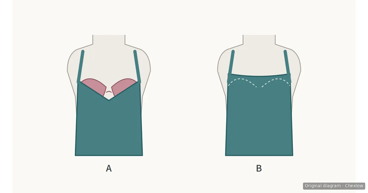Two dress-bodice diagrams compare a deep V that exposes a bra-cup edge with a higher neckline that covers the same edge.