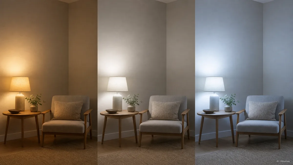 Image: a horizontal Kelvin scale from 2000K to 6500K, the same room shown three times under warm amber, neutral white, and cool blue-white light — AI illustration