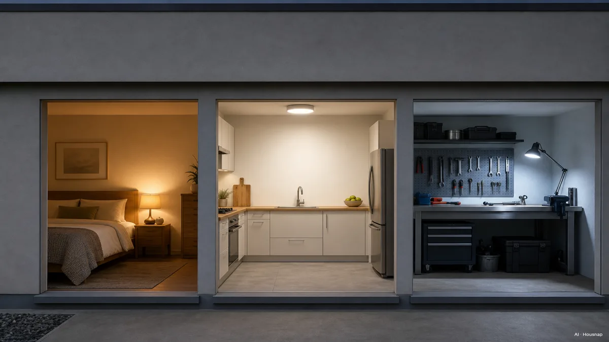 Image: a cutaway of a small home showing each room lit in its ideal color temperature, warm bedroom, neutral kitchen, cool garage workbench — AI illustration