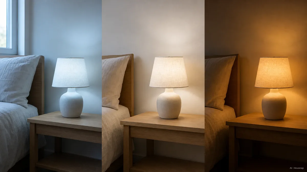 Image: a bedside scene at three times of day, the same lamp cool and bright at morning, neutral at midday, deep warm amber at night — AI illustration