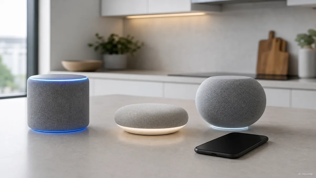 Image: three smart speakers on a kitchen counter, one glowing Alexa blue, one Google warm white, one Apple soft, a phone resting nearby to suggest the pairing — AI illustration