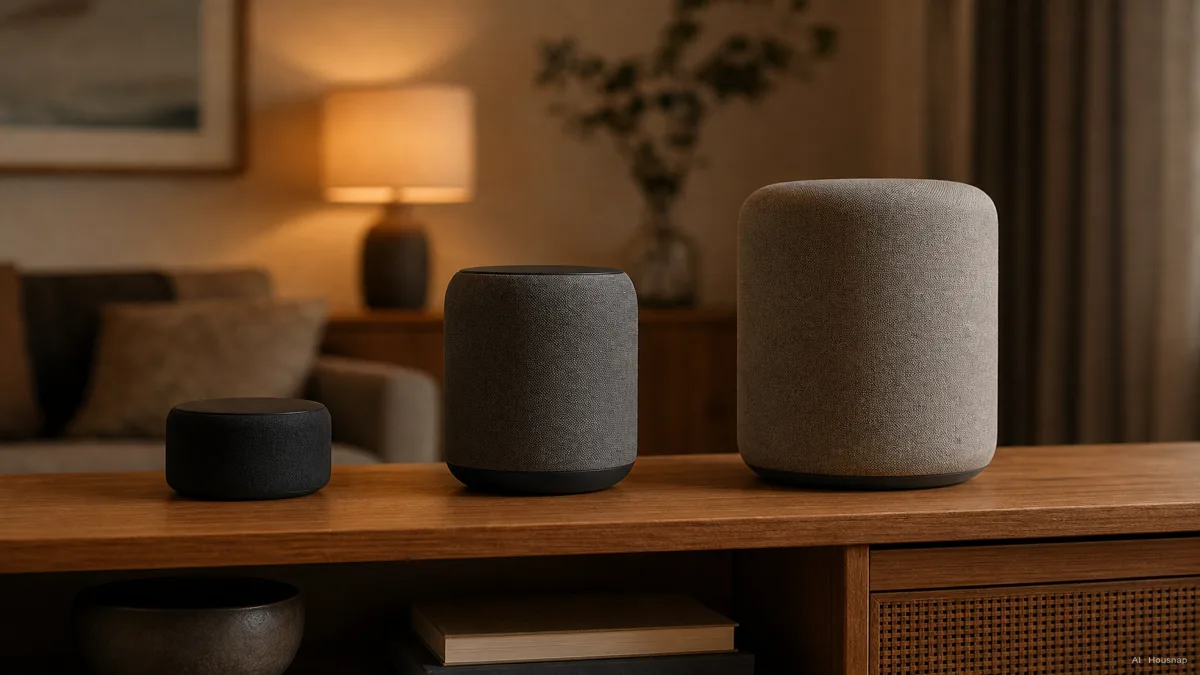 Image: three smart speakers arranged small to large on a shelf with subtle price-tier separation, a soft lamp-lit living room behind — AI illustration
