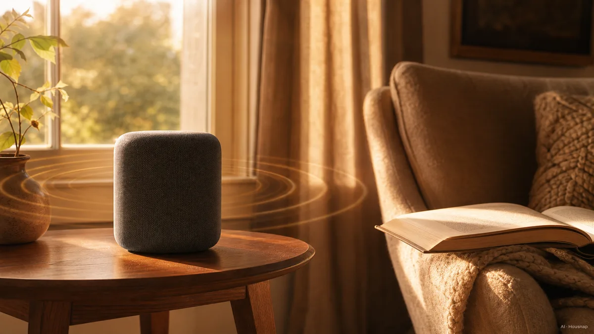 Image: a cozy listening corner at golden hour, a premium smart speaker on a side table, sound visualized as soft warm rings filling the room — AI illustration