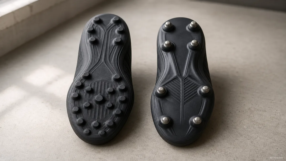 Image: A firm ground soccer cleat outsole and a soft ground soccer cleat outsole shown side by side on a table, one with short dense molded studs and one with fewer longer screw-in studs, studio lighting, no visible brand marks