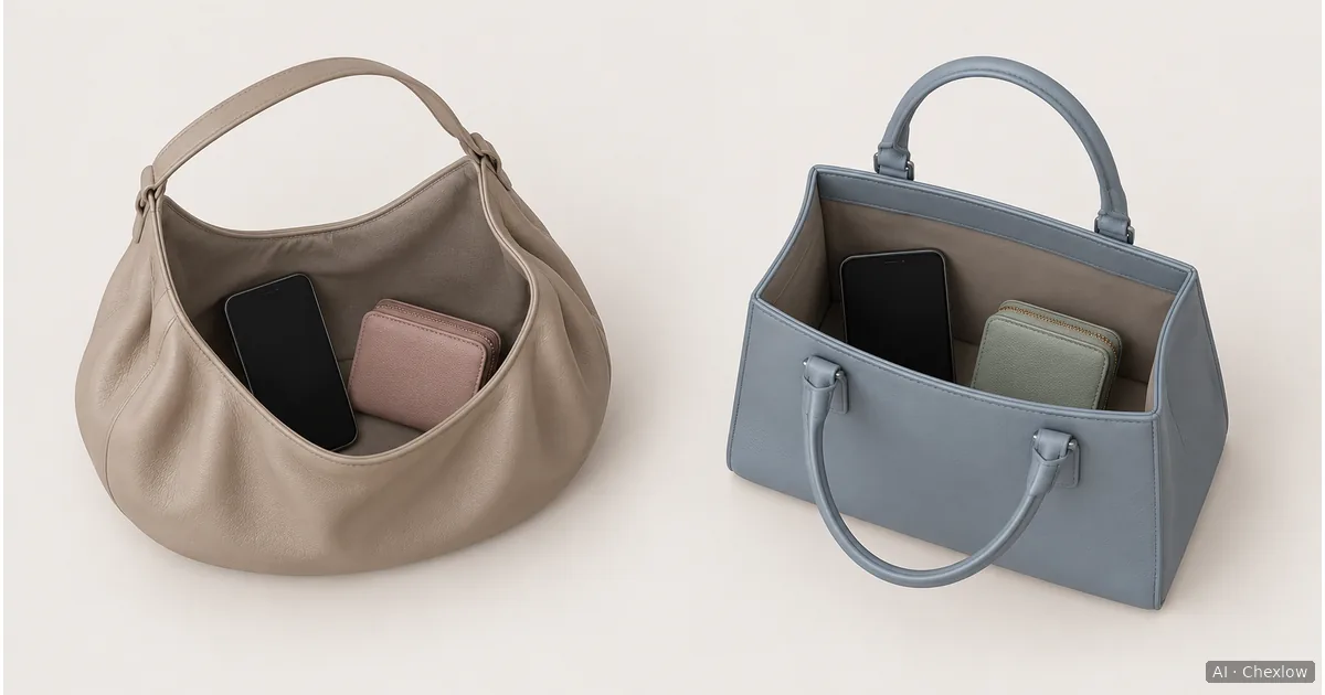 Two open, unbranded bags viewed from above at an angle, one with softly folded sides and one with straight sides and short handles, each containing a phone and wallet