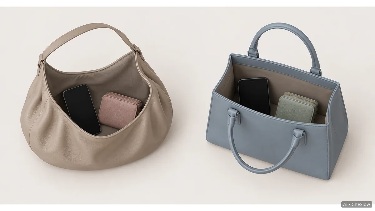 Two open, unbranded bags viewed from above at an angle, one with softly folded sides and one with straight sides and short handles, each containing a phone and wallet