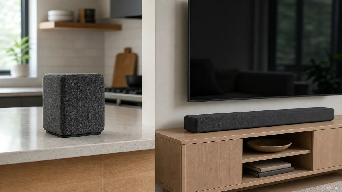 Image: a Sonos Era 100 bookshelf speaker on a kitchen counter next to a Sonos Beam soundbar sitting under a living room TV, shown side by side — AI illustration