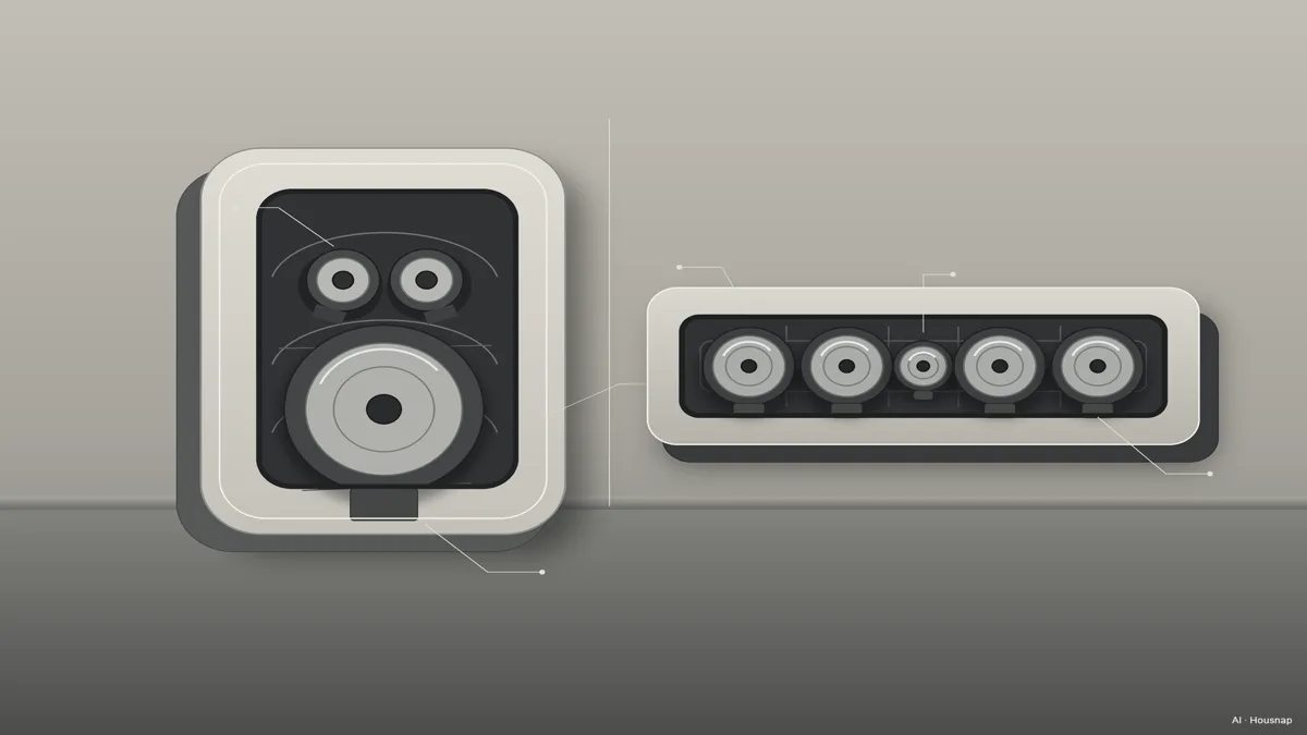 Image: a labeled cutaway diagram comparing the Sonos Era 100's dual tweeters and midwoofer against the Sonos Beam Gen 2's five-driver array with a center tweeter — AI illustration