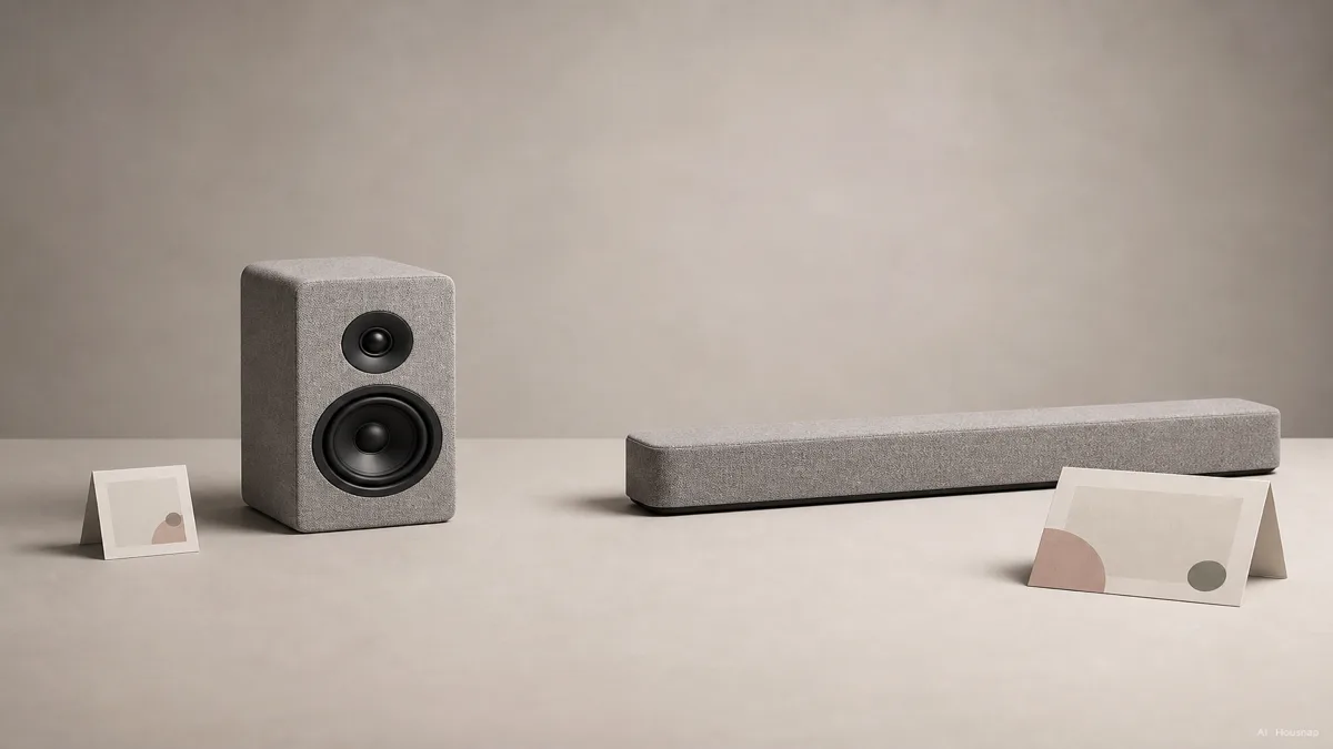 Image: a simple two-column comparison scene showing the Sonos Era 100 next to its lower price tag on one side, and the Sonos Beam Gen 2 next to its higher price tag on the other — AI illustration