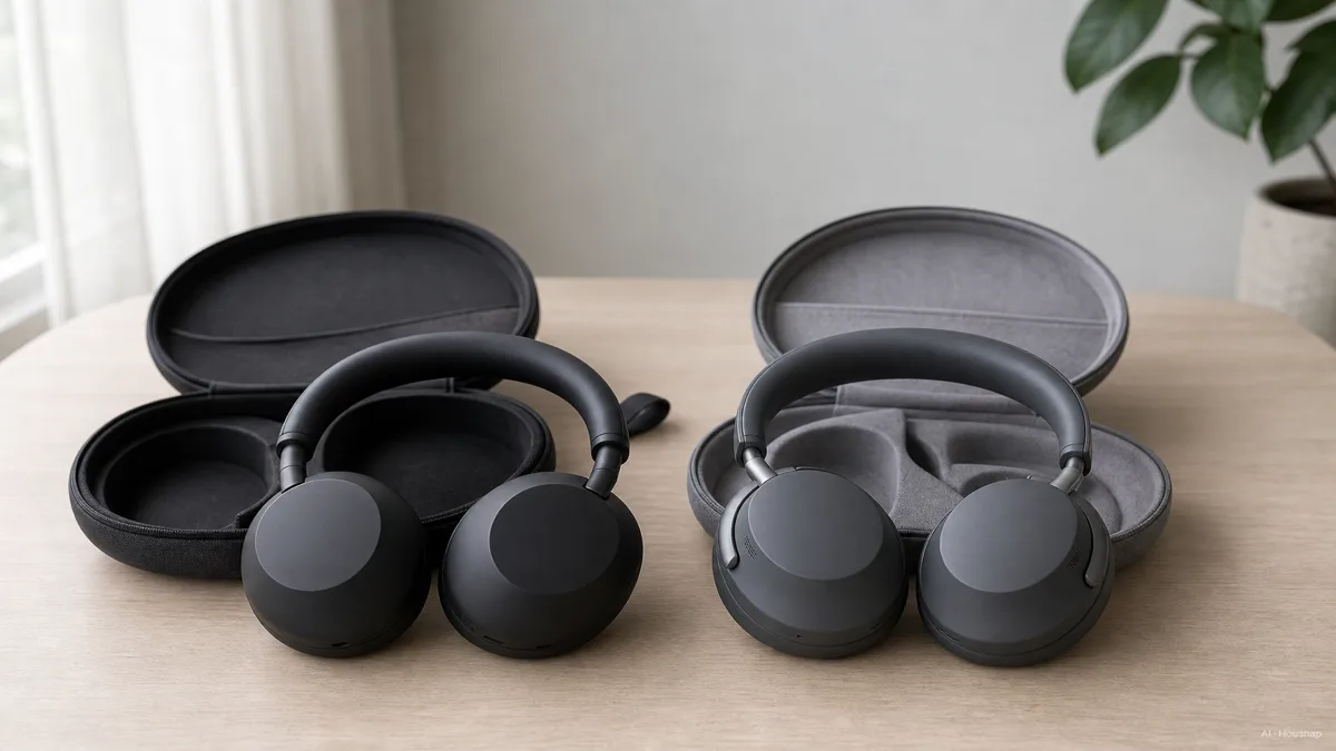 Image: Sony WH-1000XM6 and Bose QuietComfort Ultra headphones placed side by side on a plain desk, cases open, no visible branding — AI illustration