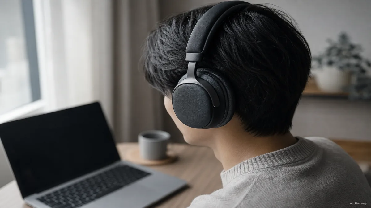 Image: person wearing over-ear headphones at a desk with a laptop, side profile showing earcup and headband cushioning detail, no visible logos — AI illustration