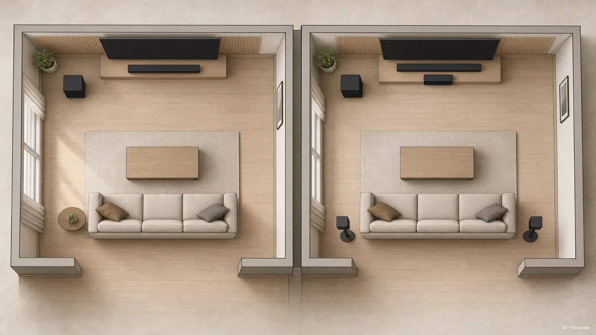 Image: a labeled overhead diagram of a living room showing a 2.1 setup as a front bar plus subwoofer, beside a 5.1 setup adding a center channel and two rear speakers behind the sofa — AI illustration