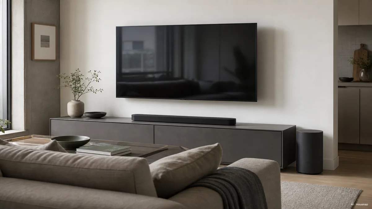 Image: a single soundbar sitting under a wall-mounted TV in a compact apartment living room, with a slim wireless subwoofer tucked beside the media console — AI illustration