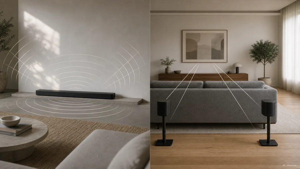 Image: a comparison illustration contrasting sound waves bouncing off walls from a single virtual-surround bar versus discrete sound coming directly from two physical rear speakers behind a viewer — AI illustration