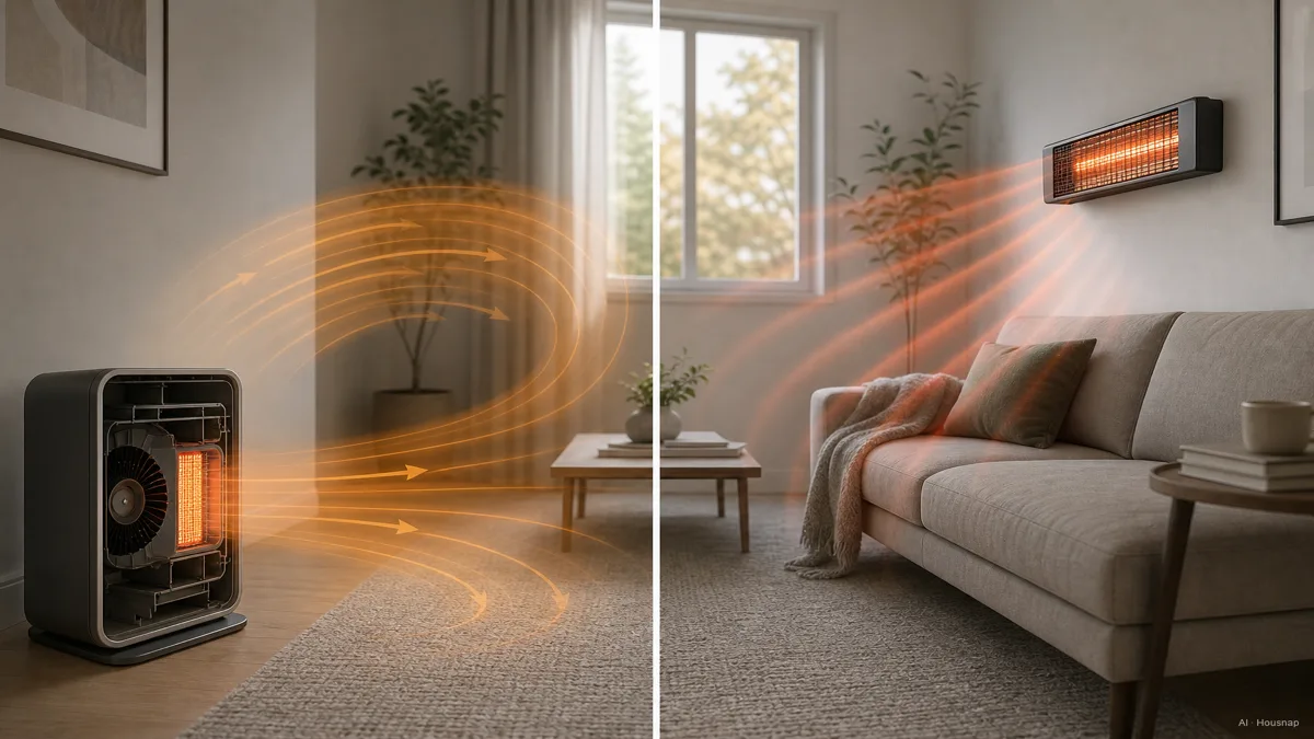 Image: A clean side-by-side cutaway diagram, one side a ceramic heater with a fan blowing warm air in a wide arc across a room, the other side an infrared heater emitting visible radiant waves toward a person sitting nearby, calm instructional tone — AI illustration