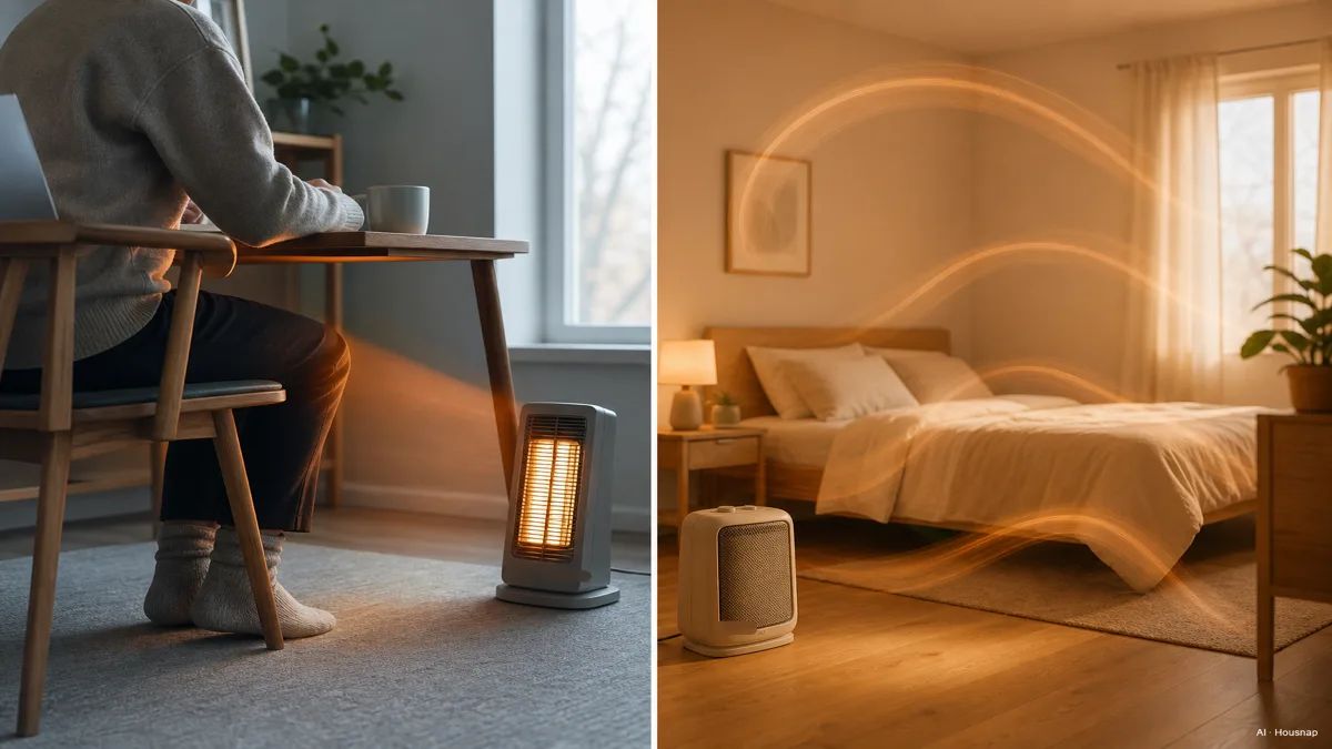 Image: A simple split illustration, one side a person at a desk warmed directly by an infrared heater with minimal room heating shown, the other side a whole small bedroom evenly warmed by a ceramic heater with visible air movement, friendly explanatory style — AI illustration