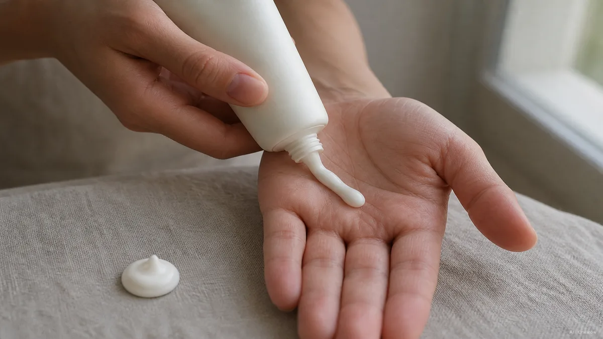 Image: A hand squeezing a line of sunscreen the length of two fingers onto a palm, soft natural light, a shot-glass-sized dollop of sunscreen shown separately for scale, no visible brand