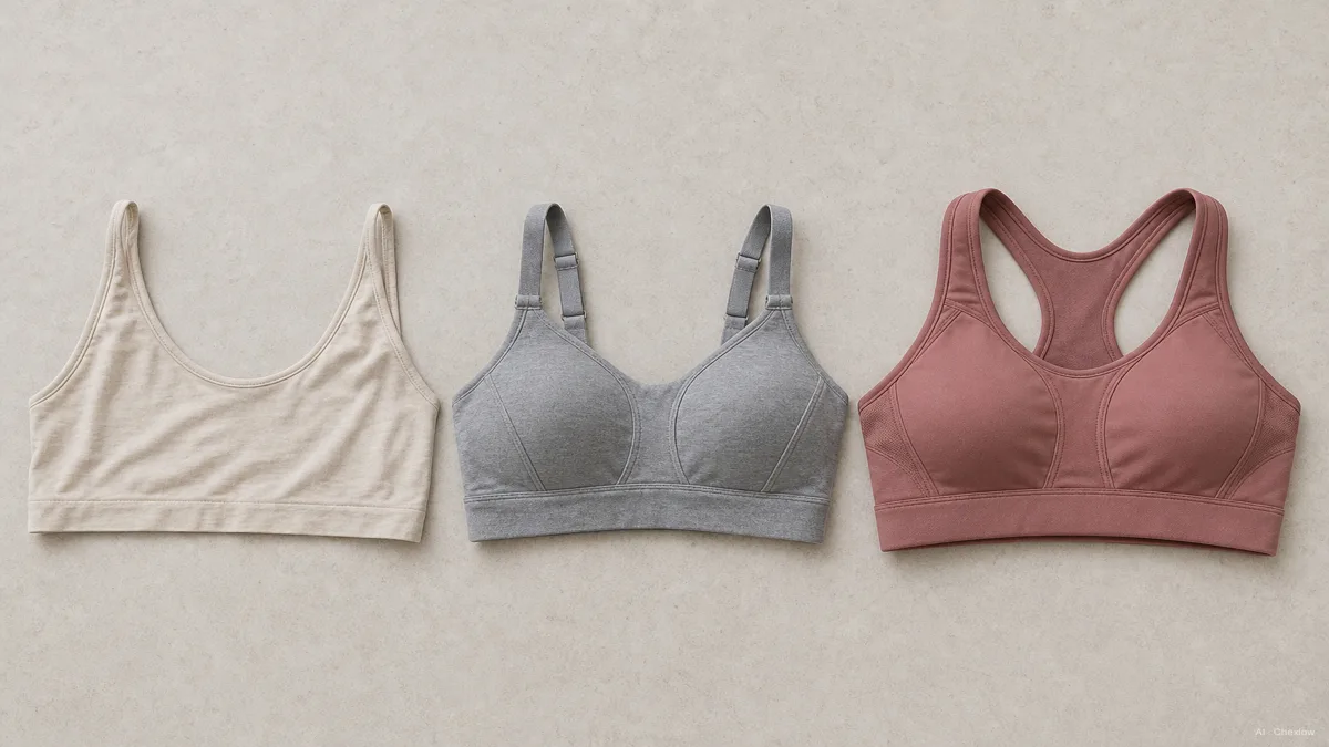 Image: three sports bras laid flat side by side on a light surface showing visibly different construction, one soft and unlined, one molded with seams, one thicker with wide straps and a racerback