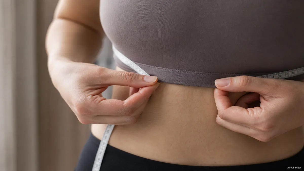 Image: a person adjusting a sports bra band at the underbust with a soft measuring tape visible, natural daylight, calm fitting-room mood