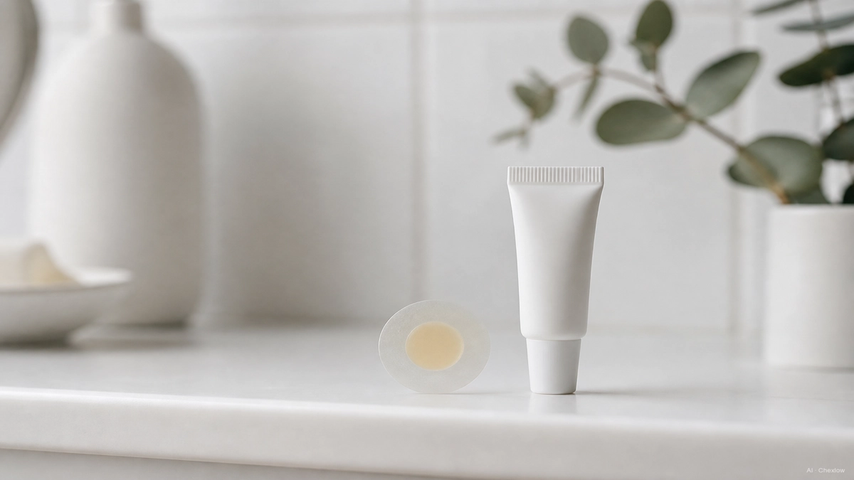 Image: A small hydrocolloid pimple patch and a tube of spot treatment gel placed side by side on a clean white bathroom shelf, soft even light, no visible brand marks