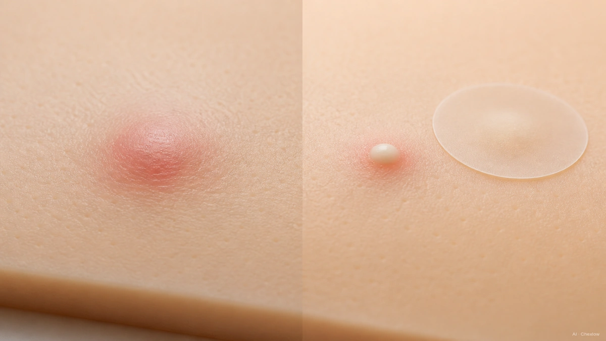 Image: Close-up illustration comparing an early inflamed blemish under skin texture on the left and a surfaced whitehead with a patch beside it on the right, soft clinical lighting, no real skin or faces