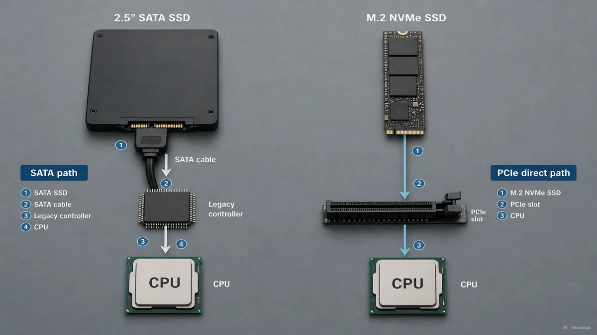 Image: 오래된 인터페이스 컨트롤러를 거치는 SATA SSD와 PCIe 통로로 CPU에 직결되는 NVMe SSD의 데이터 경로를 비교한 기술 다이어그램 — AI 일러스트