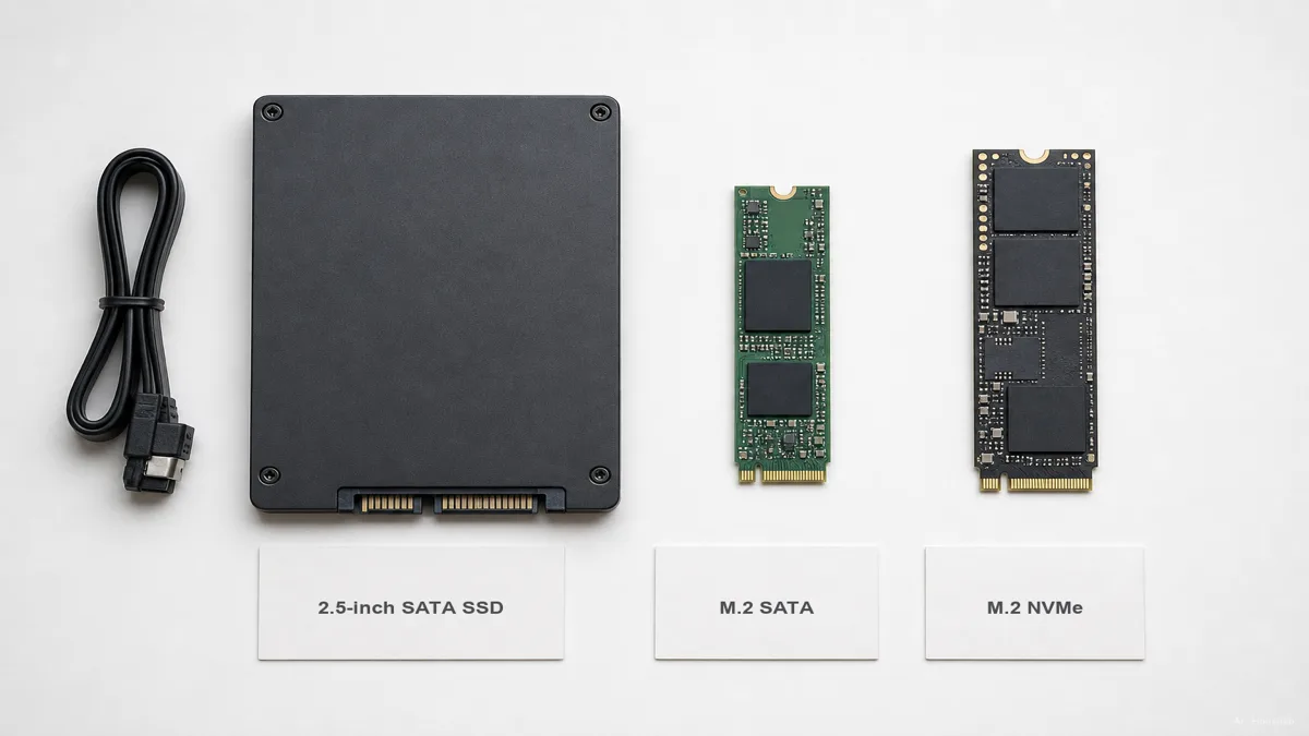 Image: 깨끗한 표면 위에 나란히 놓인 세 가지 저장 장치, 케이블이 달린 2.5인치 SATA SSD, M.2 SATA 스틱, M.2 NVMe 스틱을 위에서 내려다보며 라벨과 함께 보여주는 제품 교육 이미지 — AI 일러스트