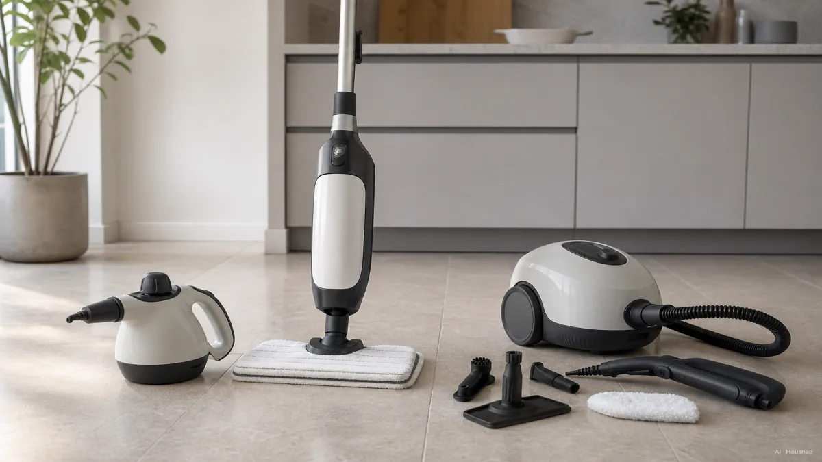 Image: Three steam cleaner formats arranged side by side on a clean kitchen floor, a compact handheld steam cleaner, an upright steam mop, and a canister unit with hose and attachments — AI illustration
