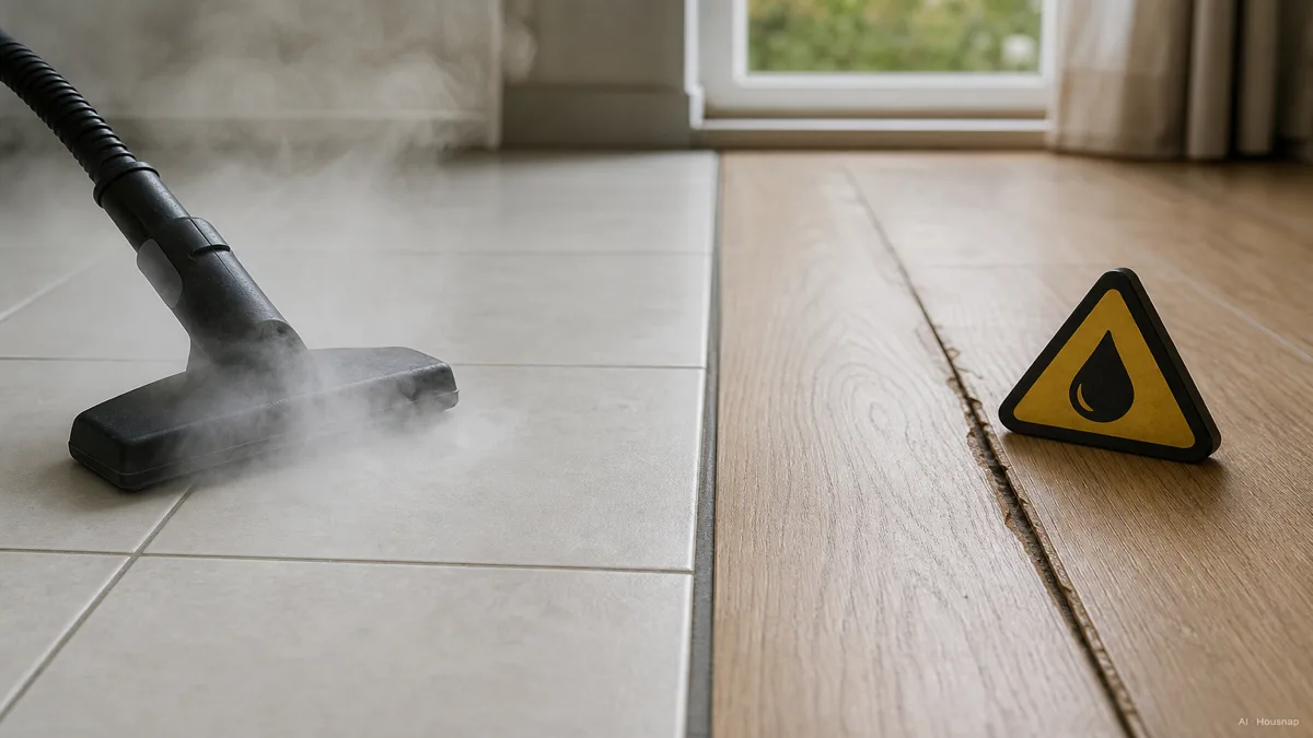 Image: Split scene, one side shows a sealed tile floor with clean grout lines being steam cleaned, the other side shows a warning symbol near a swollen laminate floor seam — AI illustration
