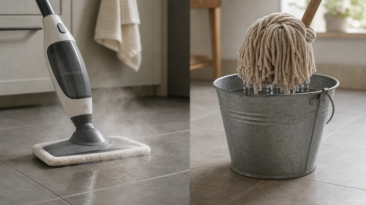 Image: Split scene showing a steam mop releasing vapor onto tile on one side and a traditional mop being wrung out over a bucket on the other — AI illustration