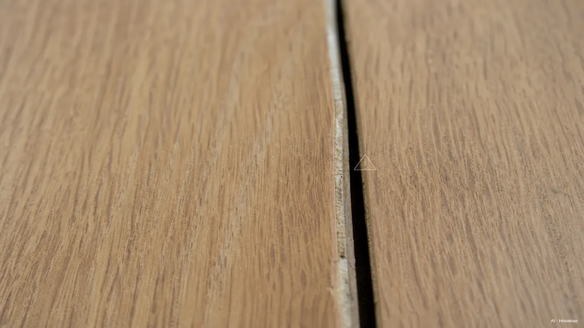 Image: Close-up of a laminate floor plank edge showing swelling and gap separation next to a warning symbol — AI illustration