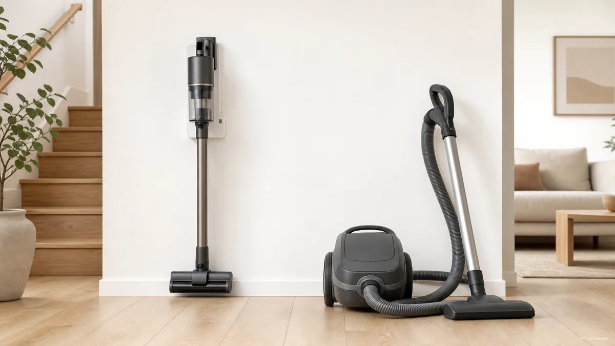 Image: Side-by-side of a slim cordless stick vacuum on a wall mount next to a wheeled canister vacuum with hose and wand on a hardwood floor, bright daylight, clean modern home — AI illustration