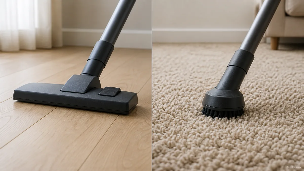 Image: A low-profile canister floor tool gliding across hardwood on one side, a stick vacuum nozzle pressed into thick carpet pile on the other, neutral instructional comparison — AI illustration