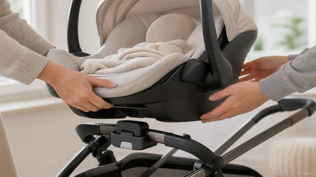 Image: 眠った新生児が入った乳児用チャイルドシートがベビーカーのフレームにはまる場面、赤ちゃんを抱き上げず親の手がシートを導いている — AIイラスト