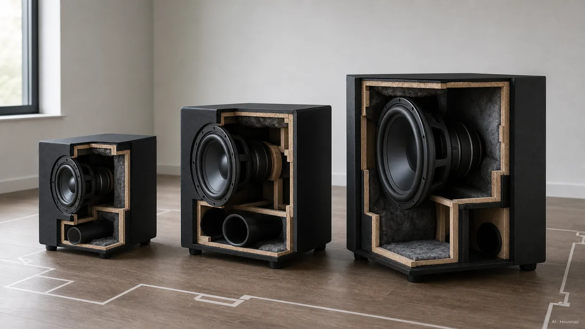 Image: a cutaway comparison of three home subwoofers side by side at roughly true scale, an 8-inch model, a 12-inch model, and a 15-inch model, each placed against a simple room-size floor outline — AI illustration