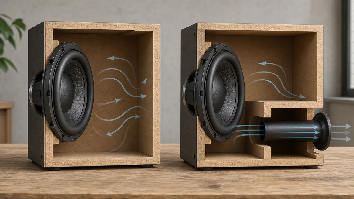 Image: a cutaway side-by-side diagram of a sealed subwoofer box and a ported subwoofer box with a visible port tube, air-flow arrows showing the difference between the two enclosure types — AI illustration