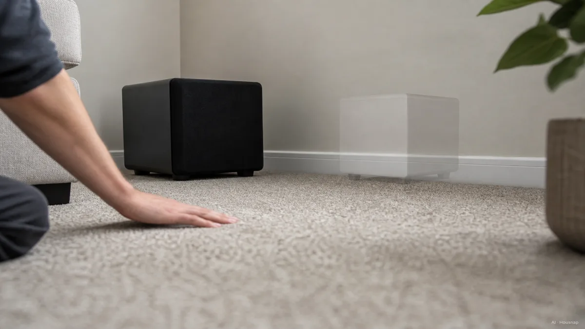 Image: a person crouched down at floor level in a living room mid-crawl, one hand on the carpet, listening near a corner where a subwoofer sits, with a second faint outline showing a better spot near the middle of the room wall — AI illustration