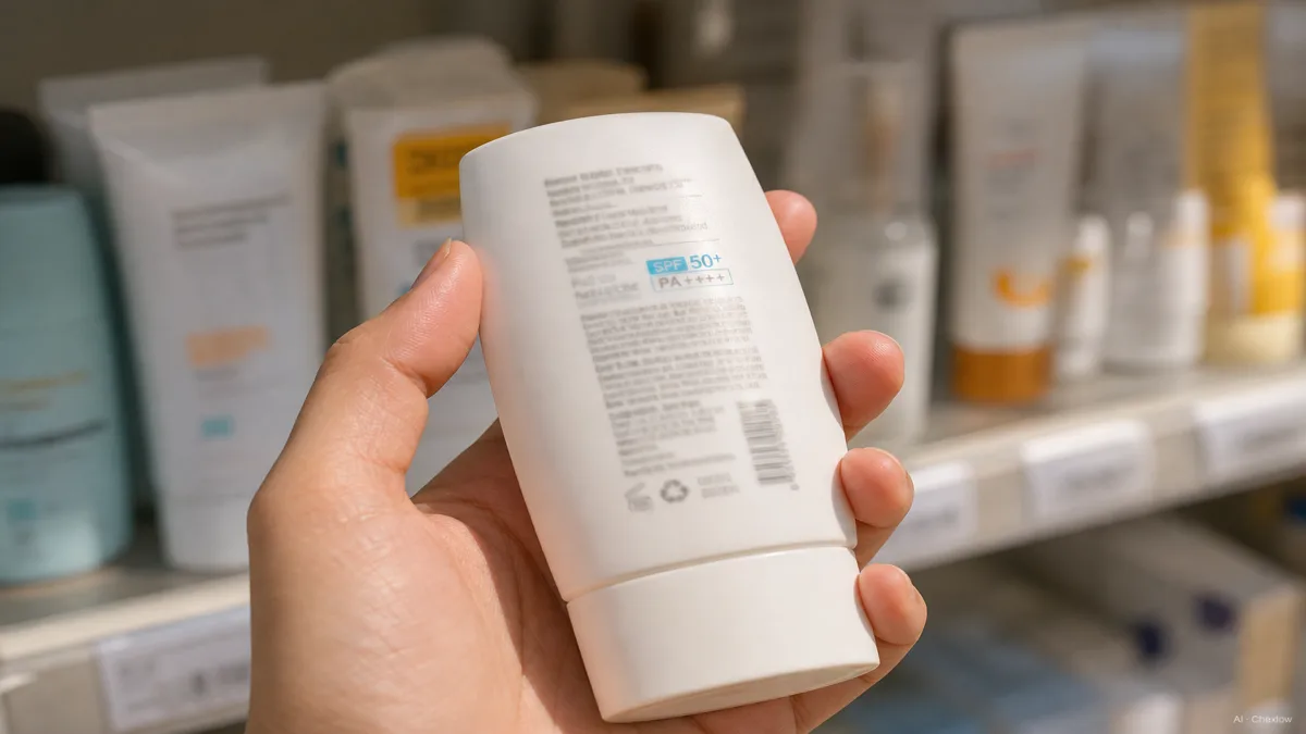 Image: A close-up of a hand holding a sunscreen bottle in bright daylight, the back label in soft focus showing SPF and PA markings, no brand visible, warm natural light