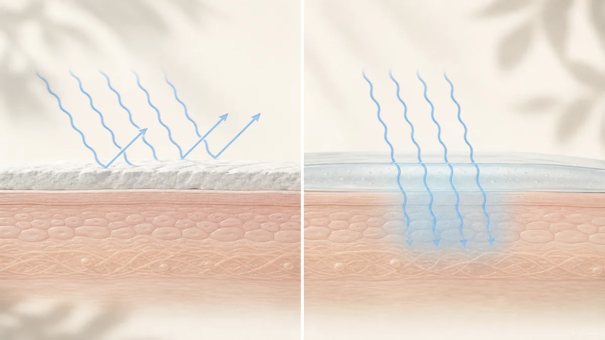 Image: A split illustration showing UV rays bouncing off a mineral layer on the skin surface on one side, and being absorbed into a chemical layer on the other, clean diagram style, no brand marks, soft editorial palette