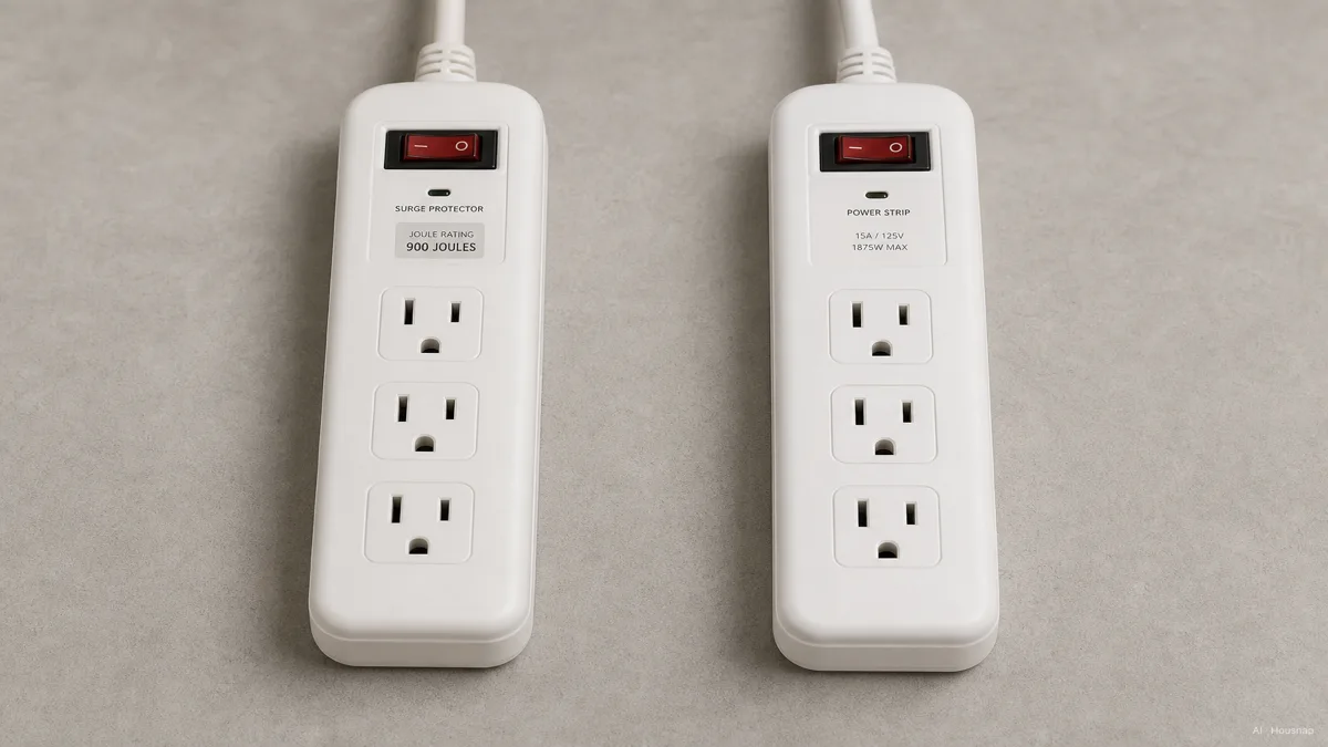 Image: A clean flat-lay comparison of two nearly identical outlet strips side by side, one with a joule rating printed on its label and one without, neutral studio lighting — AI illustration