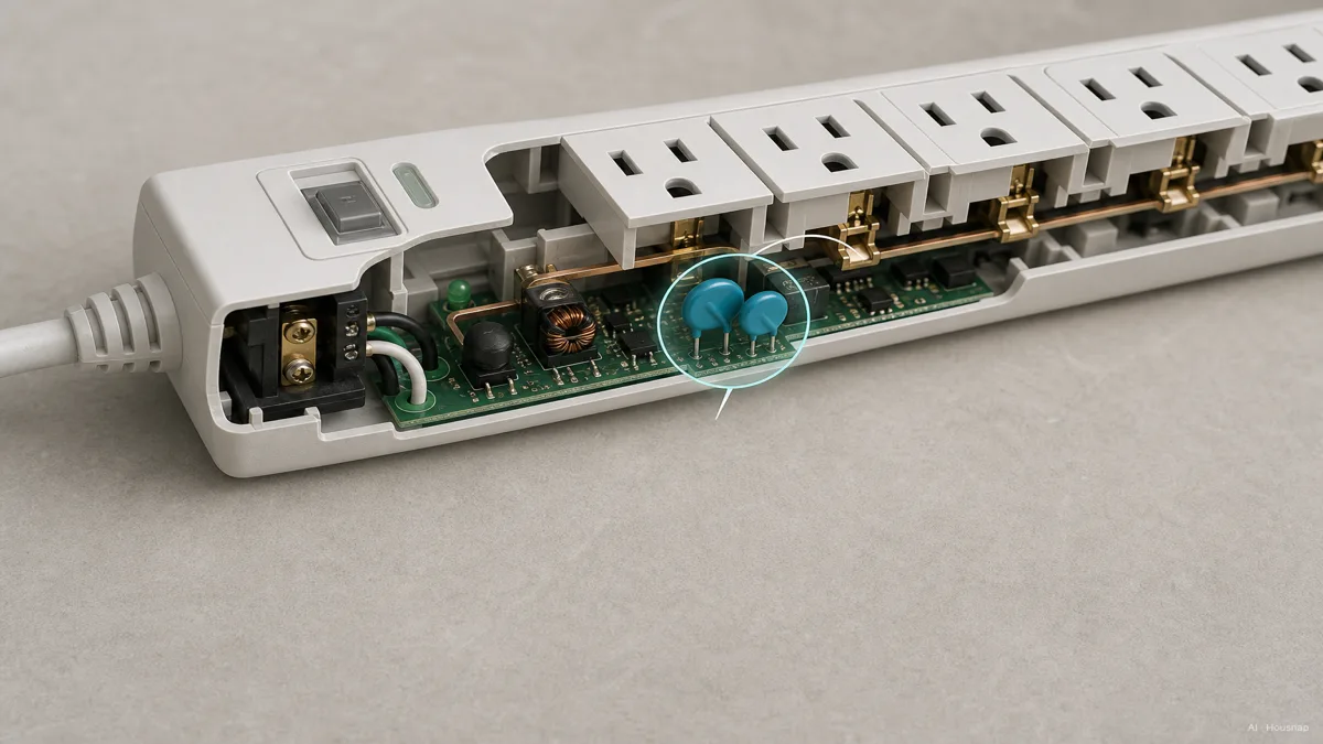 Image: A cutaway-style illustration of a surge protector's outlet strip, showing a small internal circuit board with MOV components highlighted near one outlet, clean technical diagram style — AI illustration
