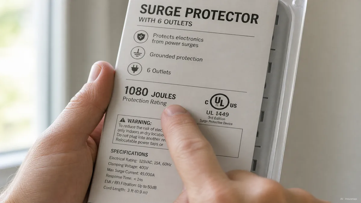 Image: Close-up of a hand holding a surge protector package, pointing at the printed joule rating and UL 1449 certification mark on the label, soft natural light — AI illustration
