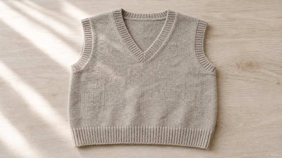 Image: a sweater vest laid flat on a pale wood surface in soft daylight, sleeveless with a V-neckline visible, showing the simple front-and-back panel construction with no sleeve pieces (AI generated illustration)