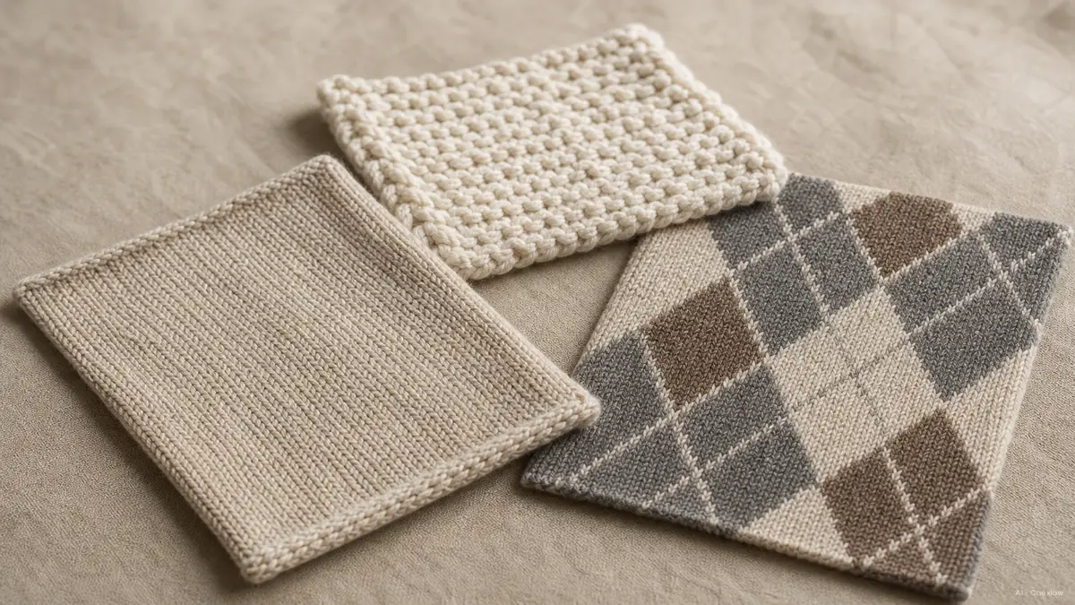 Image: three knit swatches on a warm neutral background, a fine merino wool weave, a chunkier cotton knit, and an argyle-patterned panel, each showing different density and texture (AI generated illustration)